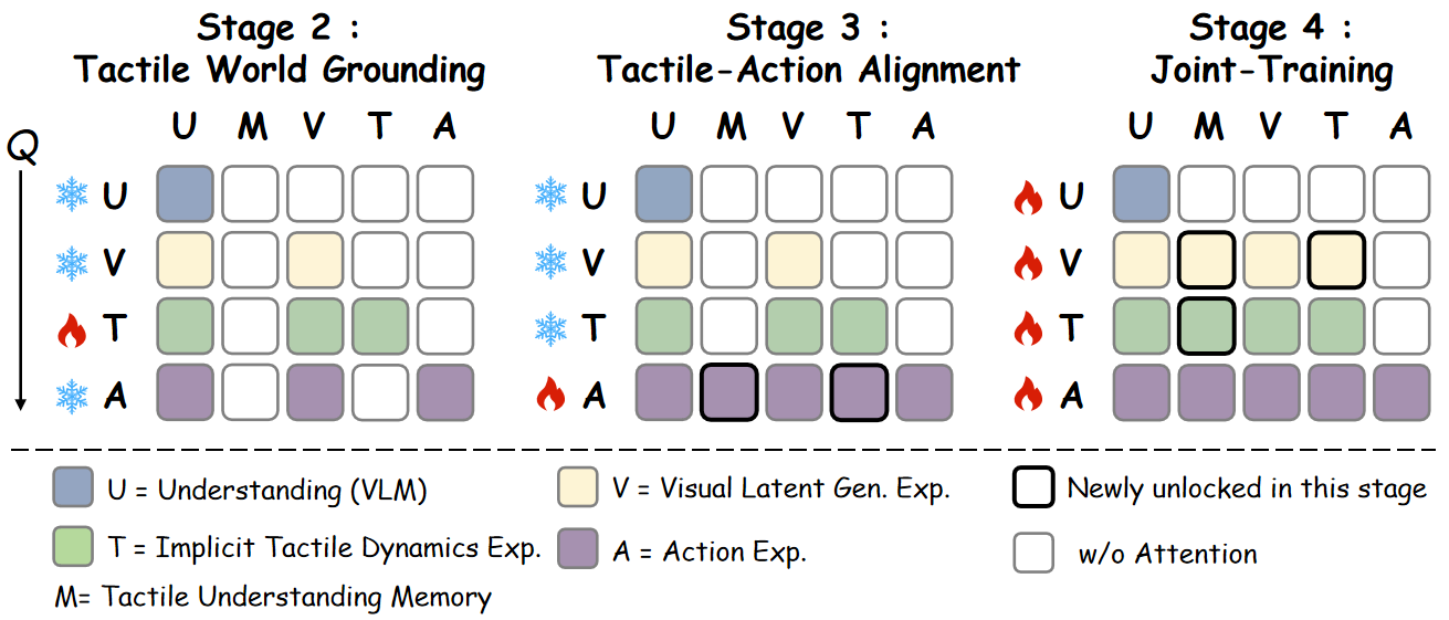 Attention masks and trainable modules in Stage 2: Tactile World Grounding, Stage 3: Tactile–Action Alignment, and Stage 4: Joint Training.